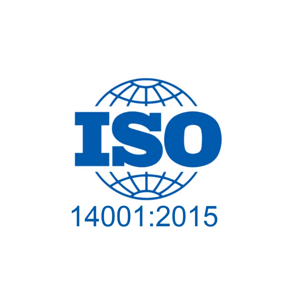 ISO-logo med globusomriss og teksten "14001:2015" under, som markerer ISO 14001:2015 miljøsertifisering.