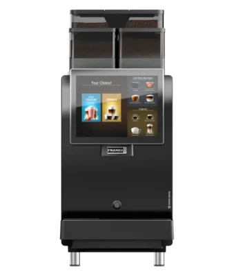 En elegant, svart berøringsskjerm fra Franke kaffemaskin viser drikkealternativer som kaldbrygg, cappuccino og espresso.
