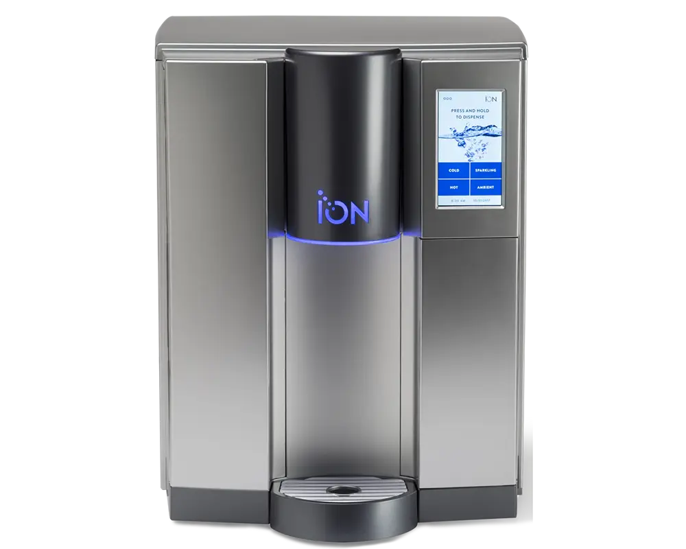 Moderne vanndispenser med digitalt grensesnitt og blå belysning, med en elegant, metallisk design.