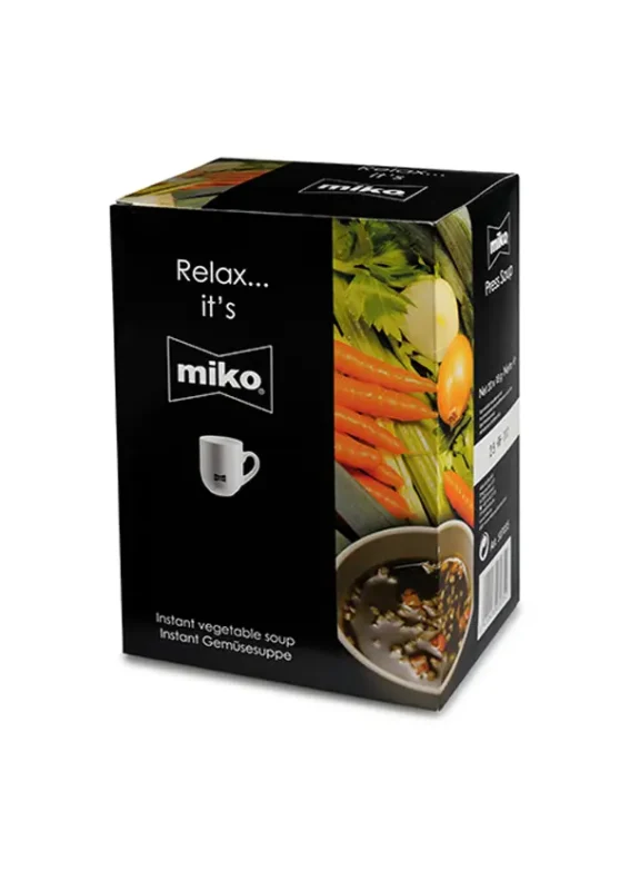 En boks med øyeblikkelig grønnsakssuppe fra miko, med bilder av suppen og ferske grønnsaker, med teksten "slapp av... det er miko.