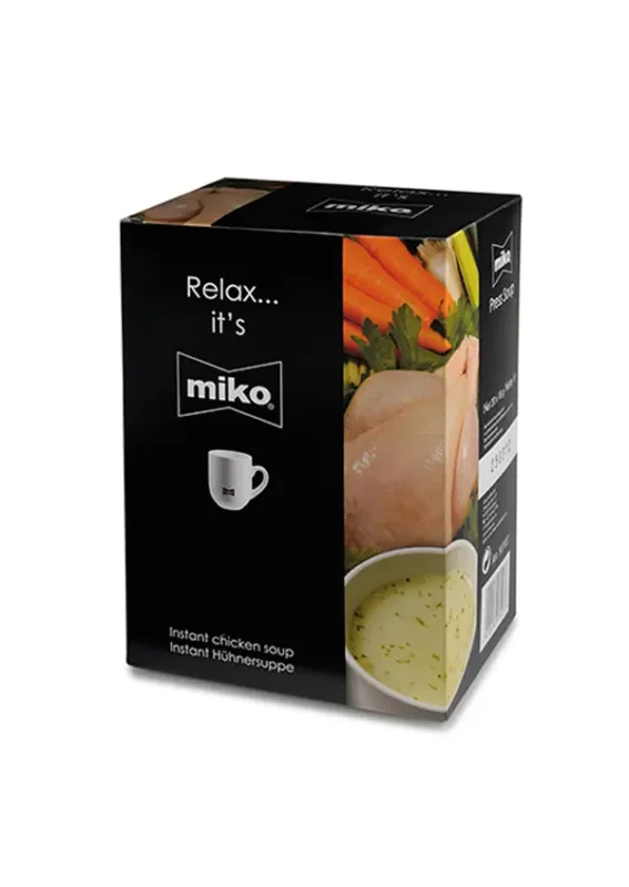 En boks med instant kyllingsuppe av merket miko med et klart vindu som viser suppen inni, merket på engelsk og tysk.