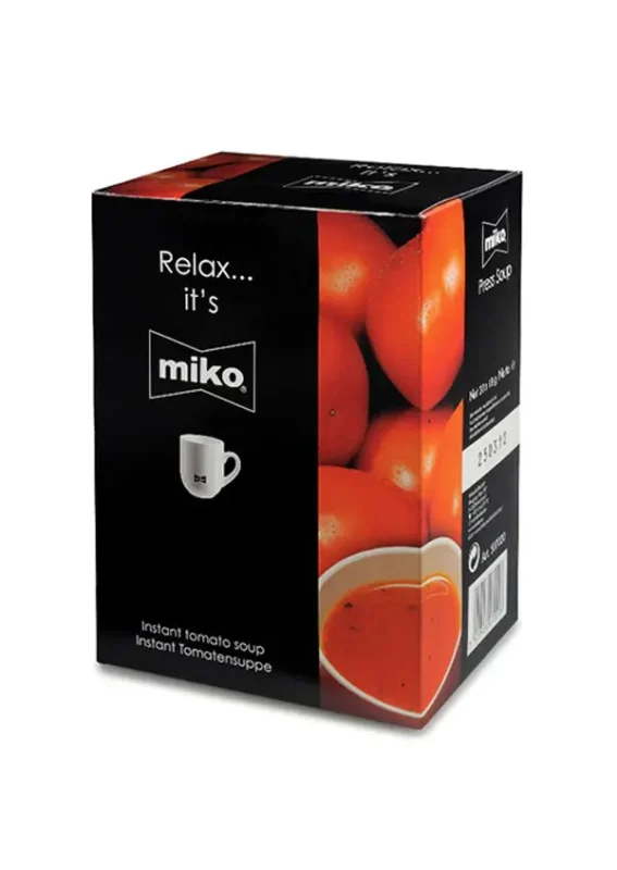 En boks med øyeblikkelig tomatsuppe av merket miko med bilder av tomater og en kopp suppe, merket på flere språk.