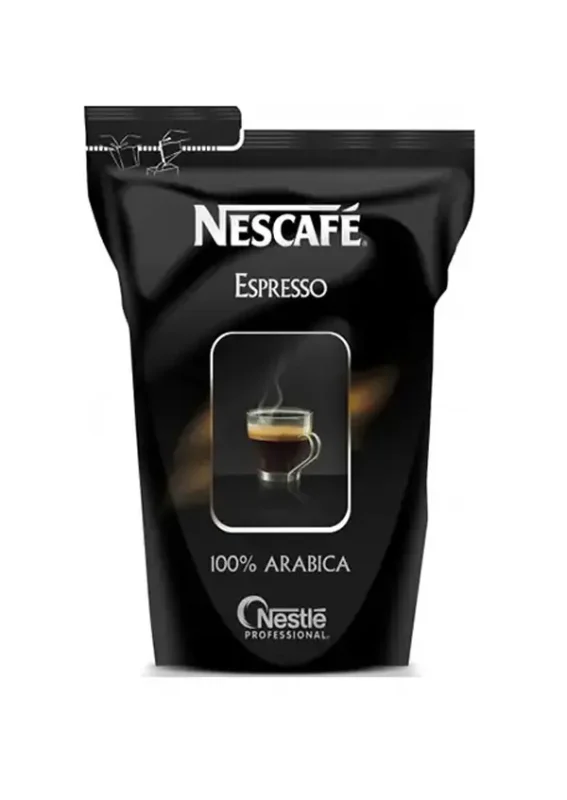 En svart pose med nescafe espressokaffe med glidelåsforsegling, merket som "100% arabica" under nestlé profesjonelle merkevare.