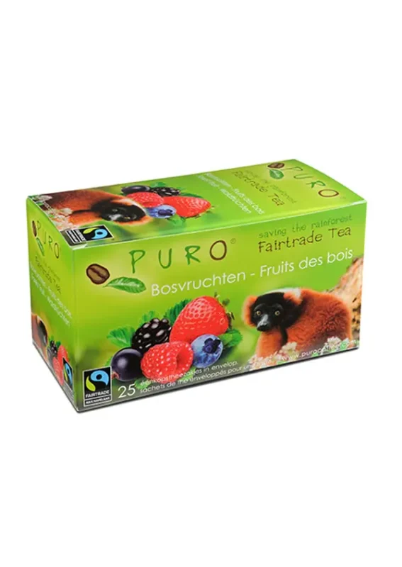 En boks med puro fairtrade fruktte med bilder av bær og en lemur, merket på flere språk.