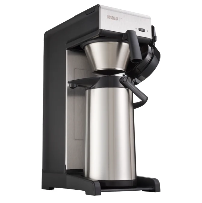 Kaffetrakter TH er en automatisk kaffetrakter i rustfritt stål med termokanne, svarte plastdetaljer og et programmerbart digitalt kontrollpanel.