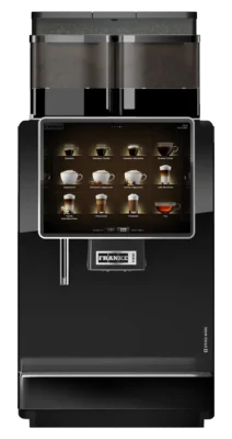Franke kommersiell kaffemaskin med berøringsskjerm som viser ulike kaffealternativer.