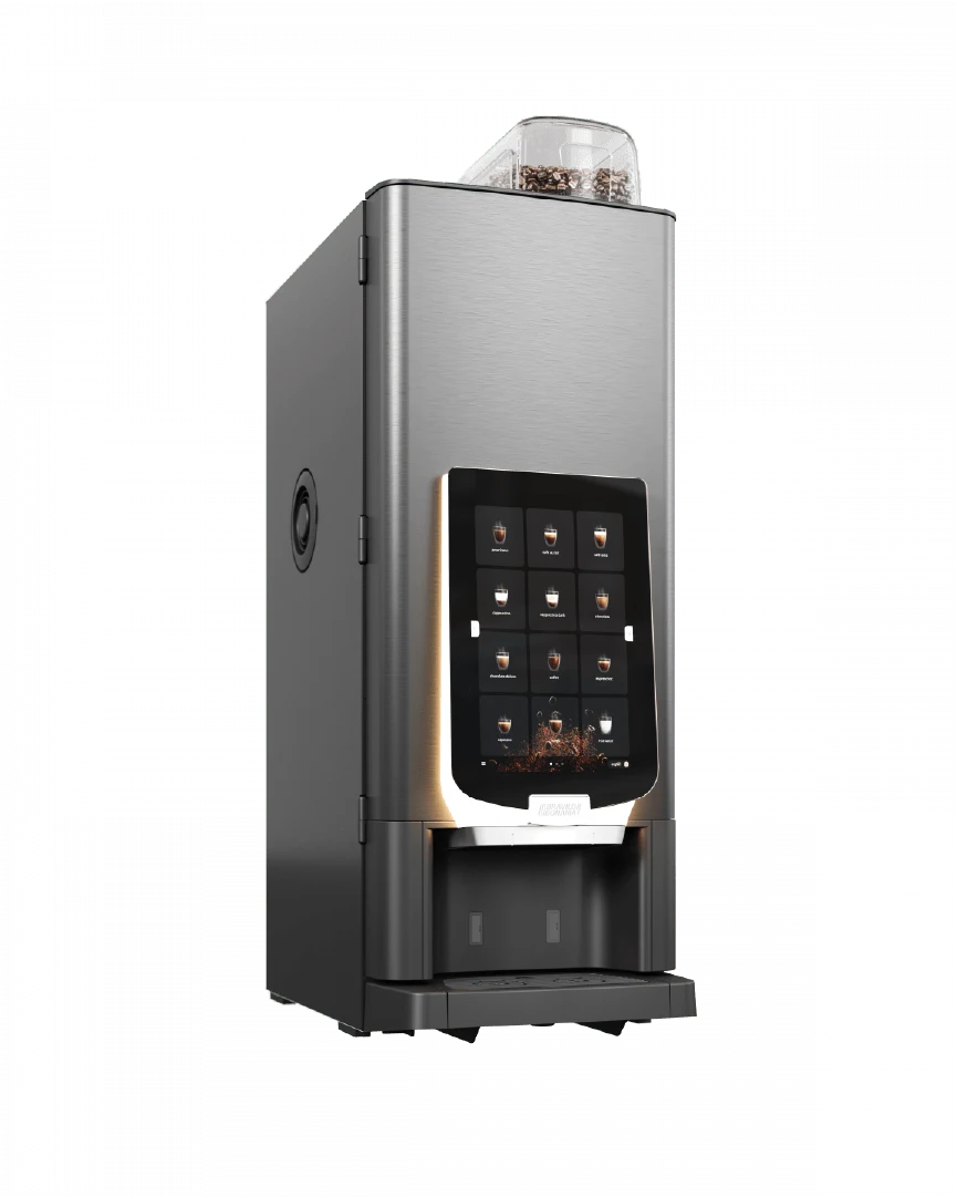 En moderne kaffemaskin i rustfritt stål med digitalt berøringsdisplay og en gjennomsiktig bønnebeholder på toppen.
