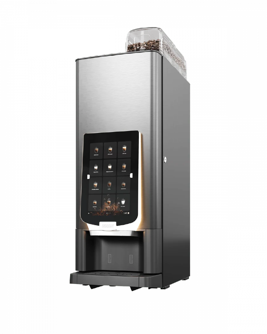 En moderne automatisk kaffemaskin med digital berøringsskjerm og en gjennomsiktig bønnebeholder på toppen.