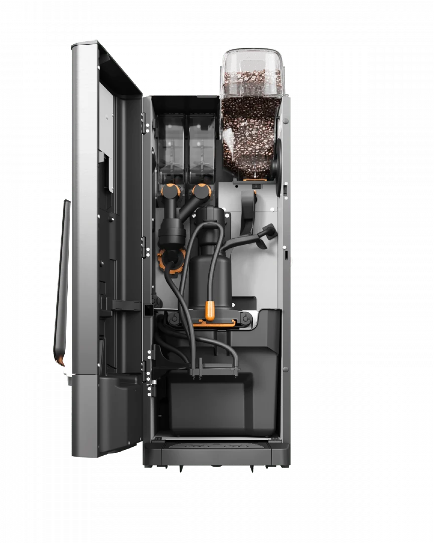 Åpen kaffemaskin som viser innvendige komponenter, inkludert et rom fylt med kaffebønner, slanger og mekaniske deler. Sidepanelet åpnes for å vise den innvendige layouten.