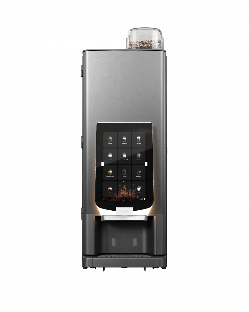 En moderne automatisk kaffemaskin med berøringsskjerm, flere drikkealternativer og et rom for kaffebønner på toppen.