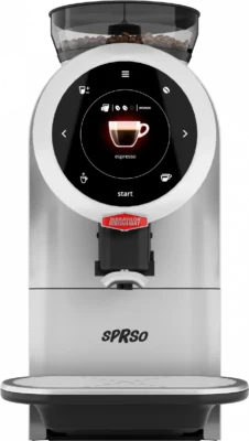 En sølvfarget SPRSO-kaffemaskin med et digitalt display som viser espressoutvalg, kaffebønner i den øverste beholderen og en koppplattform under.