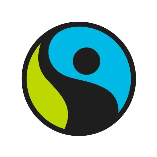 En sirkulær logo med en blå og grønn design som ligner et yin-yang symbol på en svart bakgrunn.