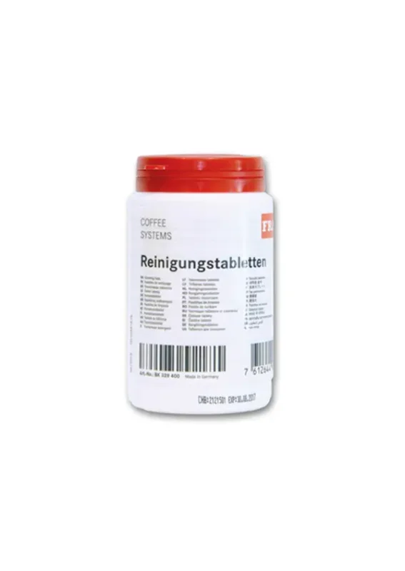 En krukke med rensetabletter for kaffesystem med rødt lokk, som viser baketiketten med tekst og strekkode.