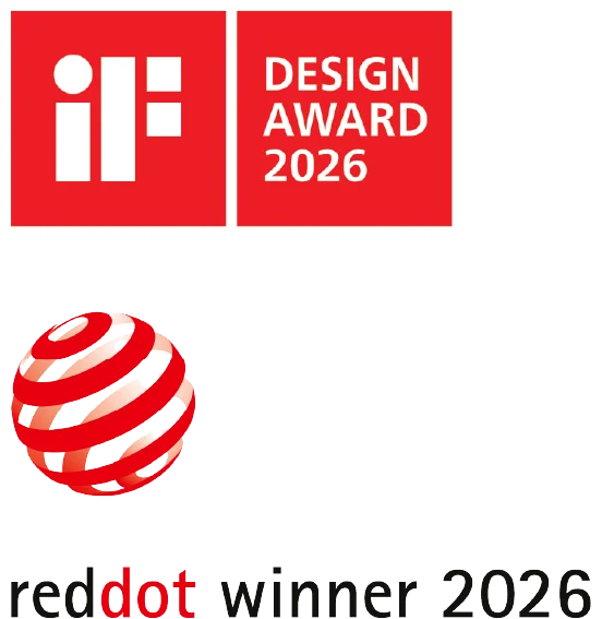 Logoer for iF Design Award 2026 og Red Dot Winner 2026, hver med sine respektive prissymboler og tekst som angir året 2026.