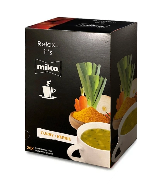 En boks med instant karrisuppe fra merket Miko med et bilde av en suppeskål, karripulver og ferske grønnsaker på emballasjen. Teksten på boksen lyder "Slapp av... det er Miko. CURRY/KERRIE." Inneholder 20 porsjoner.