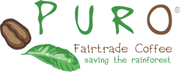 Logoen til Puro Fairtrade Coffee med en kaffebønne, grønt blad og slagordet "redder regnskogen.