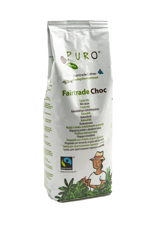 En hvit pose av Puro-merket "Fairtrade Choc" kakaoblanding, med grønn tekst og en tegneserieillustrasjon av en person som har på seg hatt og pleier planter.