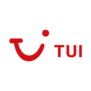 Rød TUI-logo med et stilisert smilefjes formet av bokstavene "TUI" på en hvit bakgrunn, ofte fremhevet i kundereferanser for dets vennlige og minneverdige design.