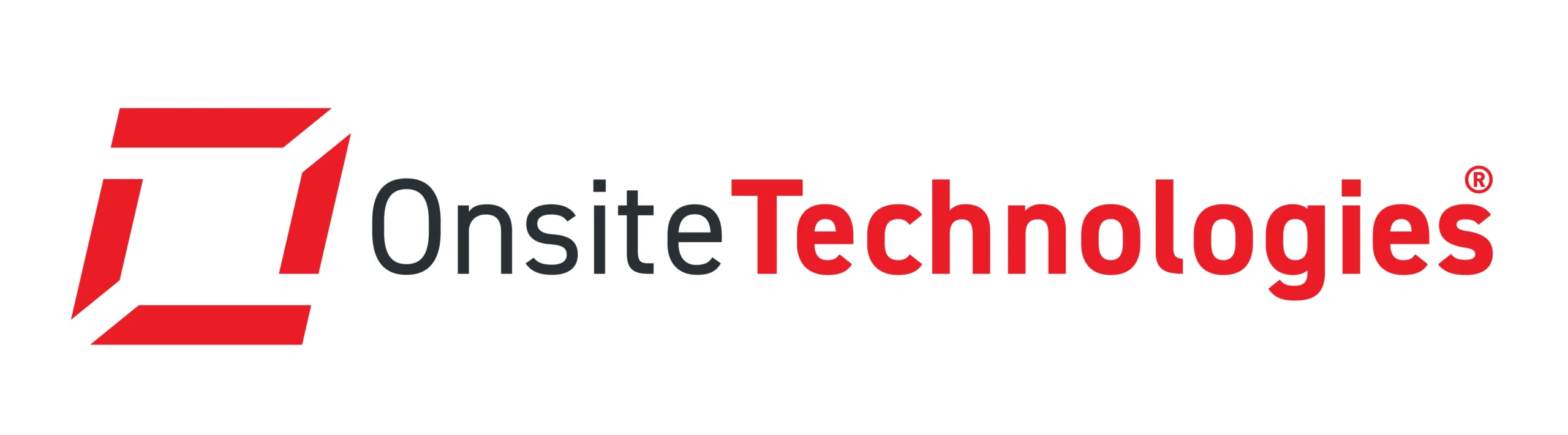 Logo for Onsite Technologies med svart og rød tekst og en stilisert rød firkantet design til venstre.